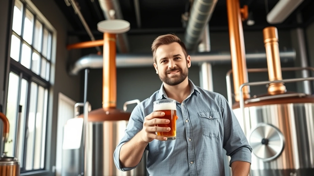 Professional brewery CEO in modern taproom wearing casual business attire, holding craft beer glass, standing near copper brewing equipment, natural lighting from large windows, confident posture