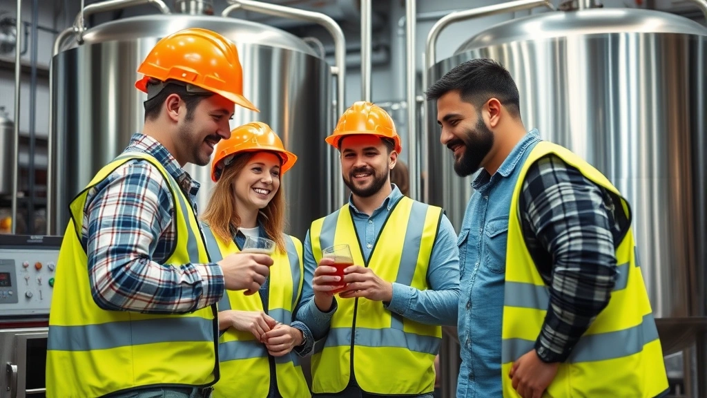 Diverse brewery team collaborating in production facility, wearing safety gear, examining quality samples, modern stainless steel tanks visible background, natural teamwork interaction