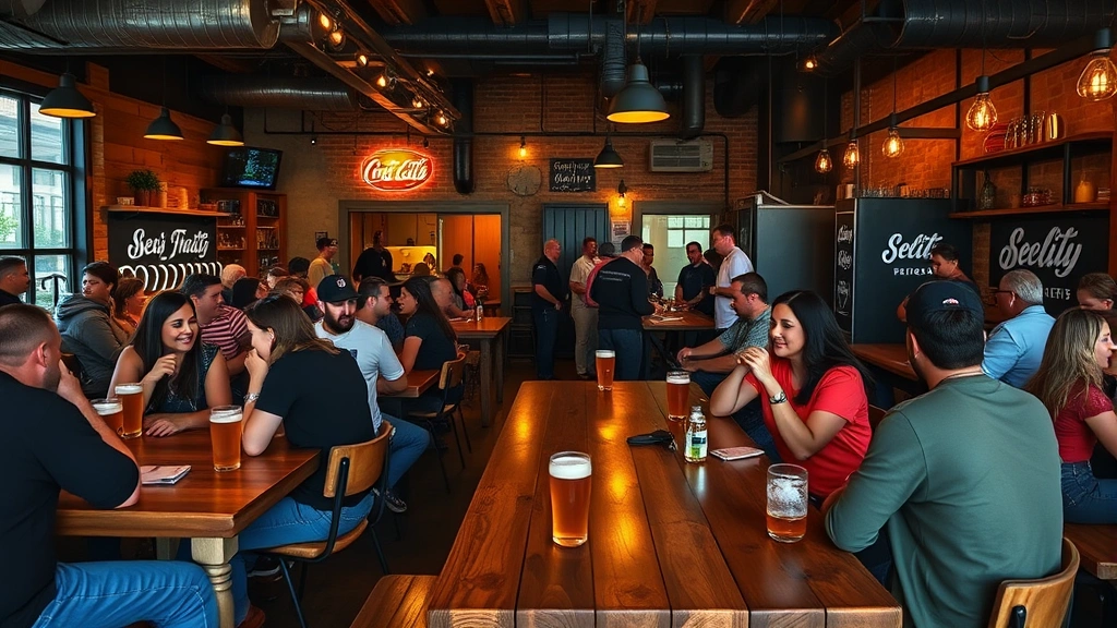 Vibrant taproom community gathering scene with customers enjoying beers at wooden tables, natural wood and industrial design aesthetic, warm ambient lighting, people engaged in conversation