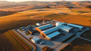 Aerial view of a craft brewery facility nestled in rolling agricultural farmland with grain fields visible in surrounding landscape, morning golden hour lighting, professional drone photography showing production building and distribution area