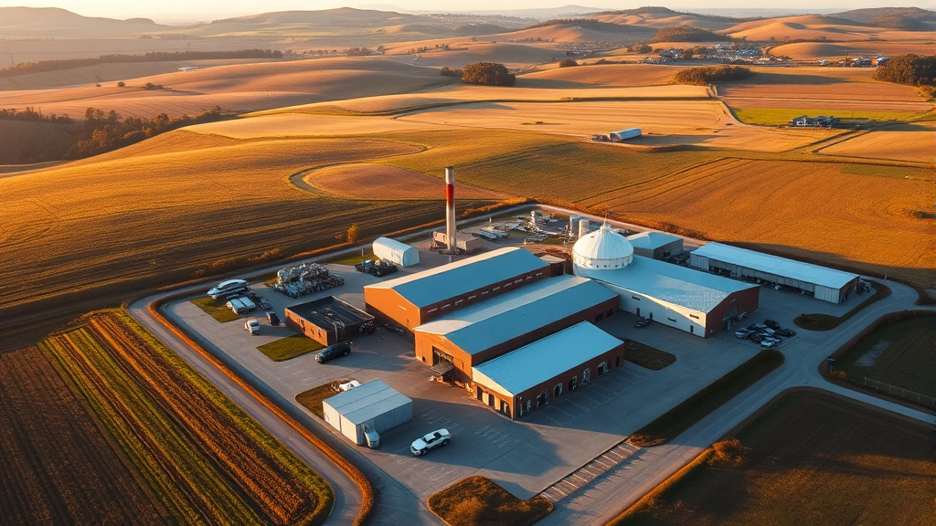 Aerial view of a craft brewery facility nestled in rolling agricultural farmland with grain fields visible in surrounding landscape, morning golden hour lighting, professional drone photography showing production building and distribution area