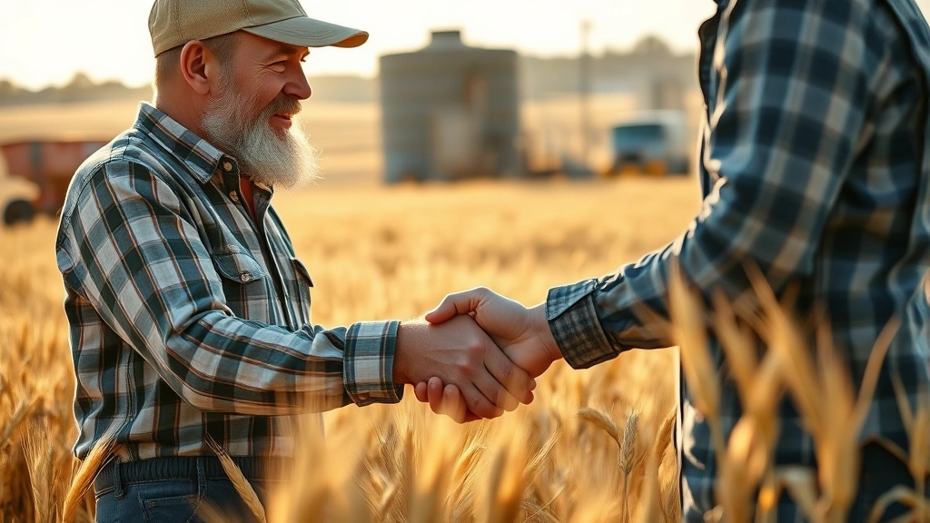 Close-up of brewery owner or master brewer in conversation with local grain farmer in field, examining wheat stalks, warm natural lighting, authentic handshake or collaborative gesture, rural setting with equipment visible