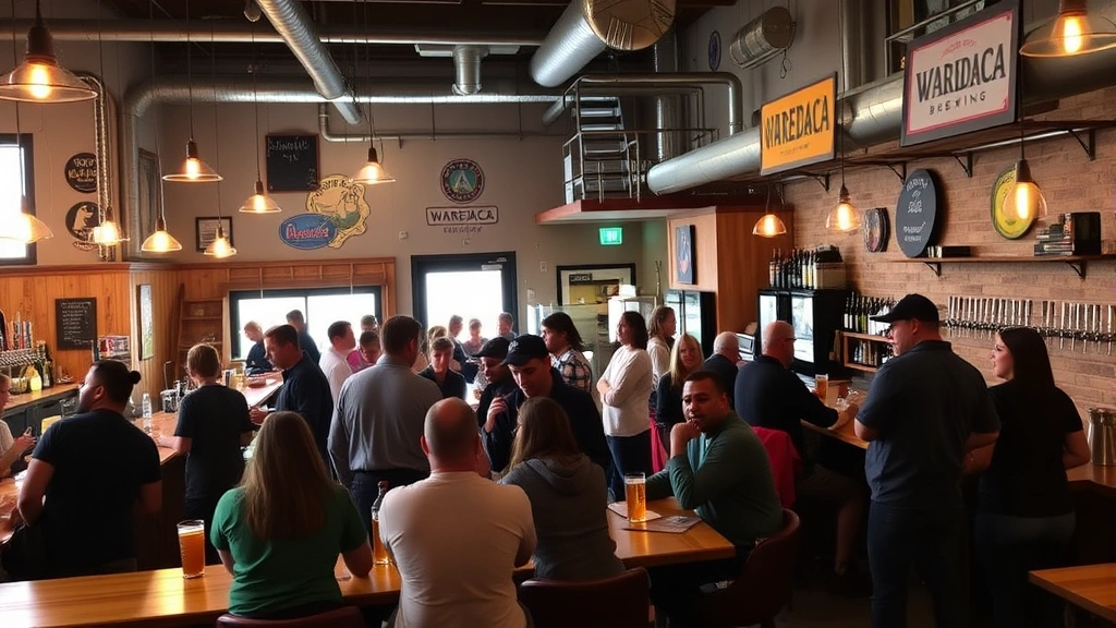Vibrant taproom scene at Waredaca Brewing with diverse community members gathered at bar counter and communal tables, brewery staff interacting with customers, warm ambient lighting, visible tap handles and merchandise, authentic social atmosphere