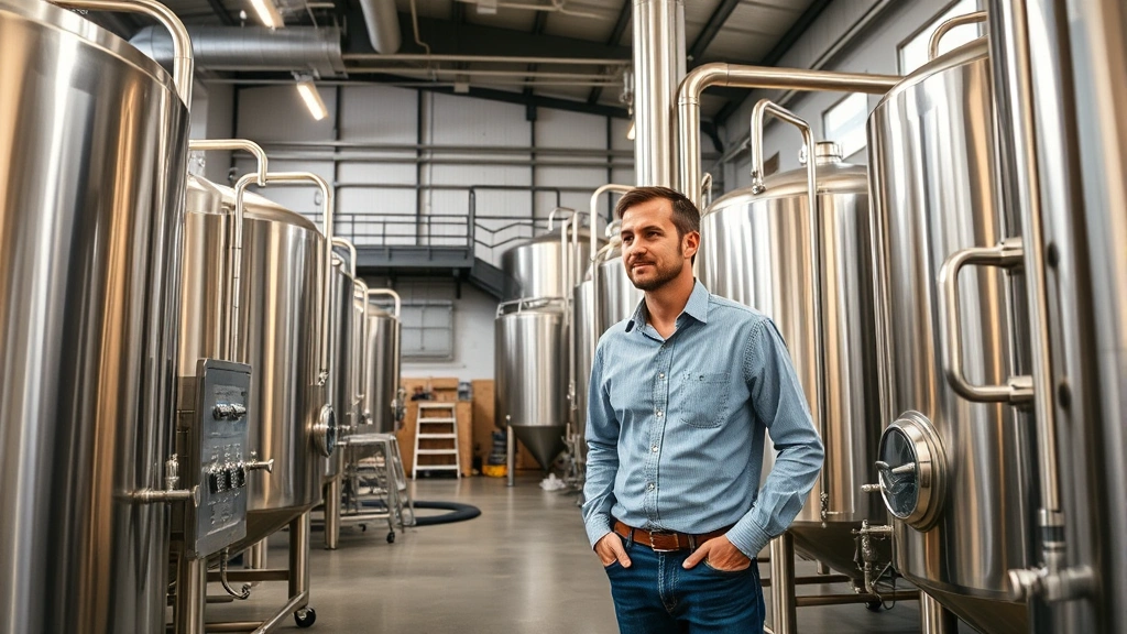 Professional brewery owner in modern craft brewery facility, inspecting fermentation tanks and production equipment, wearing business casual attire, natural lighting highlighting stainless steel brewing apparatus and organized production floor