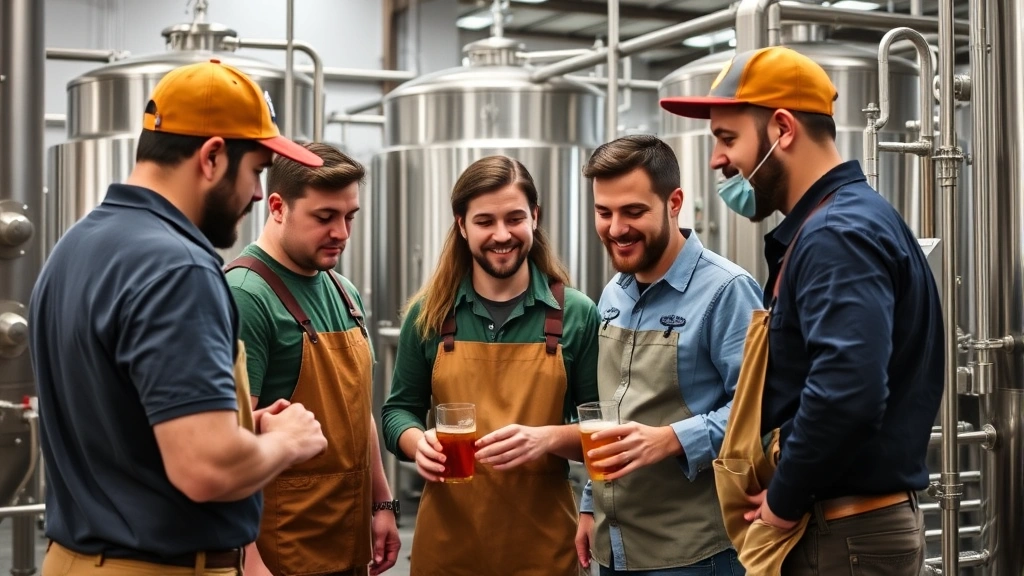 Diverse brewery team collaborating during production shift, focused on quality control and equipment monitoring, wearing brewery-appropriate work attire in modern facility, demonstrating teamwork and professional engagement