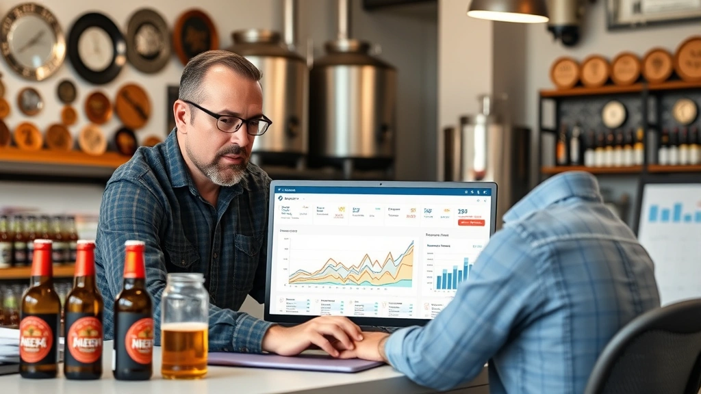 Brewery owner reviewing business metrics and financial dashboards on computer in modern office space, surrounded by industry awards and craft beer samples, professional workspace with charts and data visualizations visible