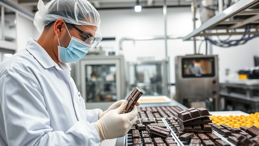 Professional quality control inspector examining chocolate products in modern food manufacturing facility, wearing protective equipment, checking product samples under bright laboratory lighting, sterile white environment with stainless steel equipment visible in background