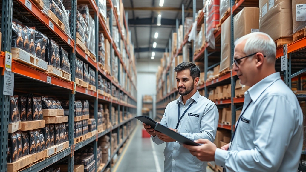 Organized warehouse storage area with packaged chocolate products on metal shelving systems, inventory management personnel conducting stock verification, clipboard and barcode scanner visible, clean industrial food storage facility with proper temperature control signage