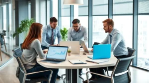 Professional business team in modern office collaborating around conference table with laptops and notebooks, discussing sales strategy and metrics