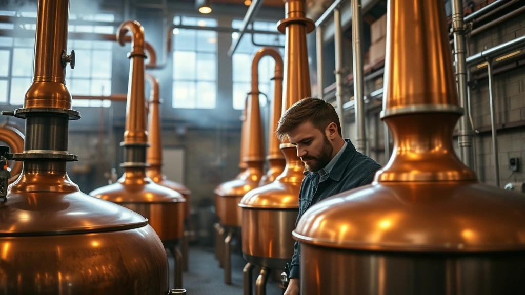 Master distiller inspecting copper pot stills in craft distillery facility, professional photography, warm lighting highlighting equipment craftsmanship and attention to detail
