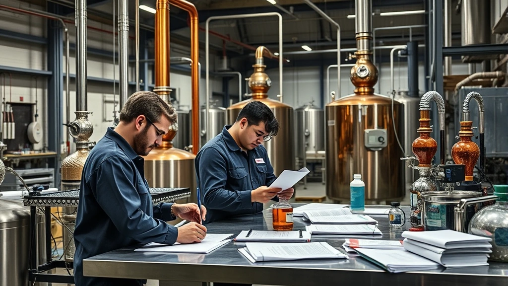 Team of production workers collaborating at distillery workstation, checking quality metrics and batch documentation, focused professional atmosphere with modern equipment