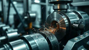 Close-up of precision machining equipment manufacturing high-grade razor blades in a modern facility, with metal shavings and professional industrial lighting, photorealistic detail