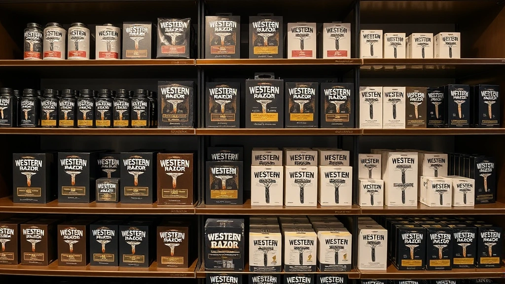 Organized inventory of Western Razor products displayed on elegant shelves with premium packaging, representing quality control and premium market positioning, professional retail environment