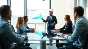 Professional CEO in modern corporate office presenting growth strategy to executive team around glass conference table, charts and graphs visible on large screen, confident leadership atmosphere, natural daylight from floor-to-ceiling windows