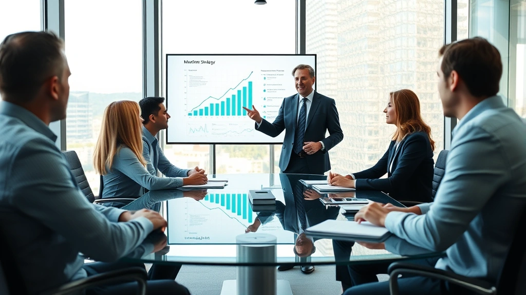 Professional CEO in modern corporate office presenting growth strategy to executive team around glass conference table, charts and graphs visible on large screen, confident leadership atmosphere, natural daylight from floor-to-ceiling windows