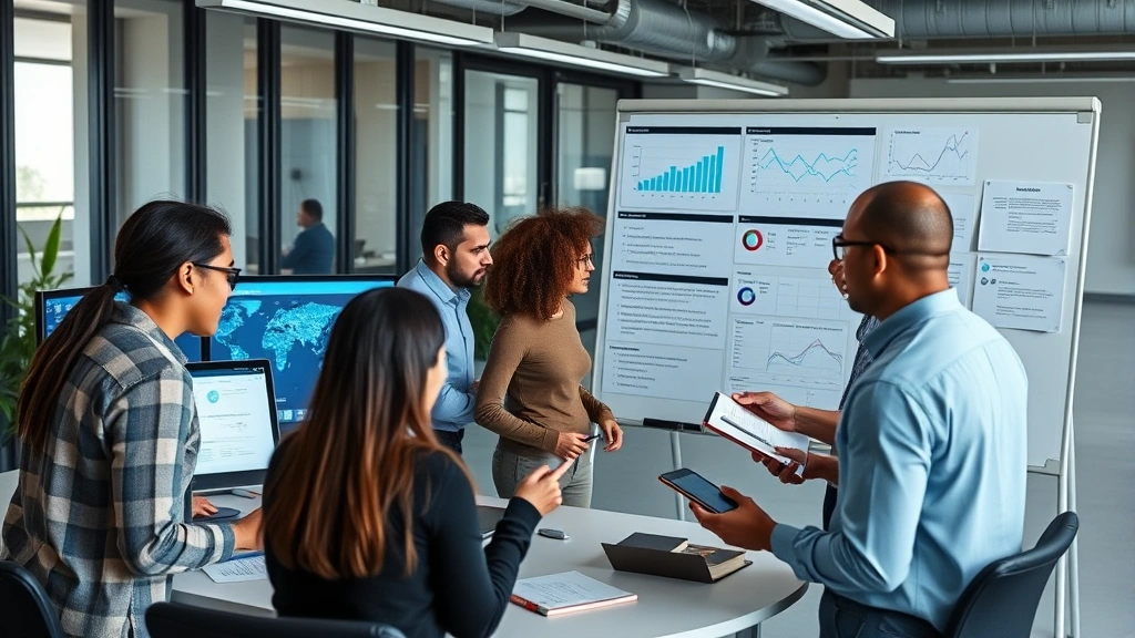 Diverse team of professionals collaborating in contemporary office space, analyzing data on multiple monitors, brainstorming around whiteboard area, engaged in strategic planning discussion with notebooks and digital devices