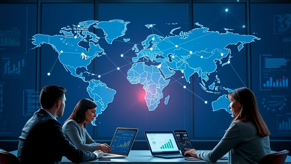 Global business network visualization, interconnected nodes across world map, representing international expansion and market growth, professional corporate setting with team members reviewing digital analytics dashboards