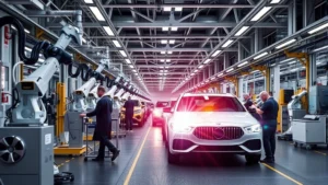 Modern luxury car assembly line with robotic welding stations, precision manufacturing equipment, and quality control technicians inspecting vehicles in state-of-the-art automotive facility