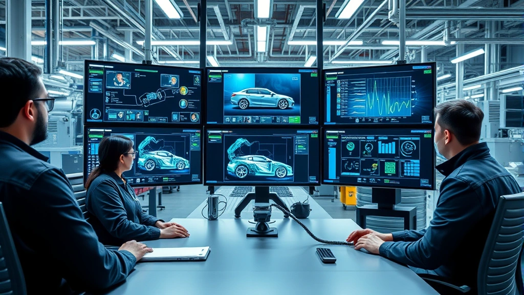 High-tech manufacturing control room with engineers monitoring production processes on multiple digital displays, representing advanced automotive manufacturing technology and process optimization