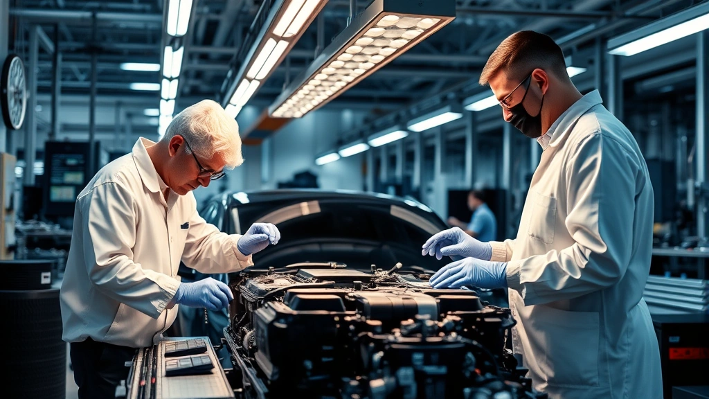 Premium automotive component inspection station with technicians examining luxury vehicle parts under precise lighting, demonstrating quality assurance and manufacturing excellence standards