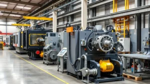 Industrial manufacturing facility with large machinery, hydraulic systems, and metal fabrication equipment in operation, professional factory environment with safety equipment visible