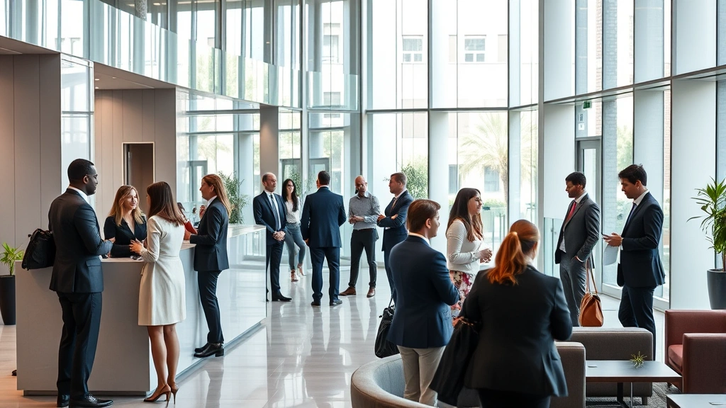 Modern corporate office lobby with diverse professionals in business attire having conversations near a sleek reception desk, glass walls, contemporary furniture, natural lighting, professional atmosphere