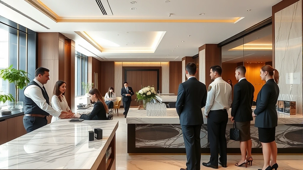 High-end luxury hotel concierge desk with uniformed staff assisting well-dressed guests, elegant marble countertops, sophisticated interior design, professional service environment, daytime lighting