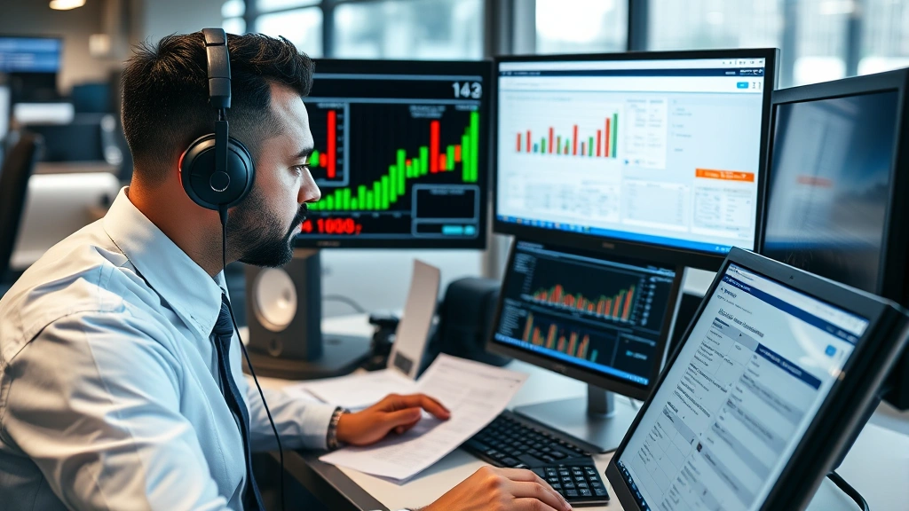 Professional transportation dispatcher reviewing digital driver employment records and safety data on modern computer monitors in a well-lit logistics office environment