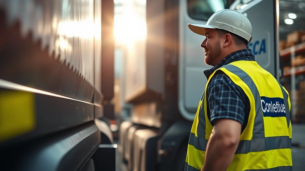 Commercial truck driver in safety vest conducting vehicle inspection, with company logo visible on truck side, morning light in industrial warehouse setting