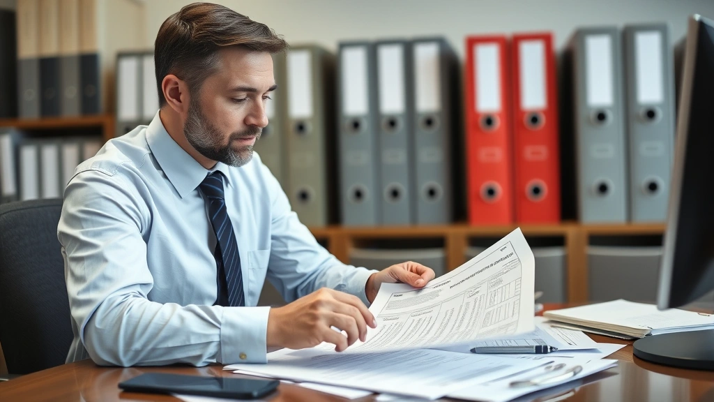 HR manager at desk reviewing employment verification documents and CDL records with company files organized in background, professional office environment