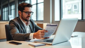 Professional businessman reviewing credit card statements on modern laptop, office desk with financial documents, confident expression analyzing data, corporate environment with window background