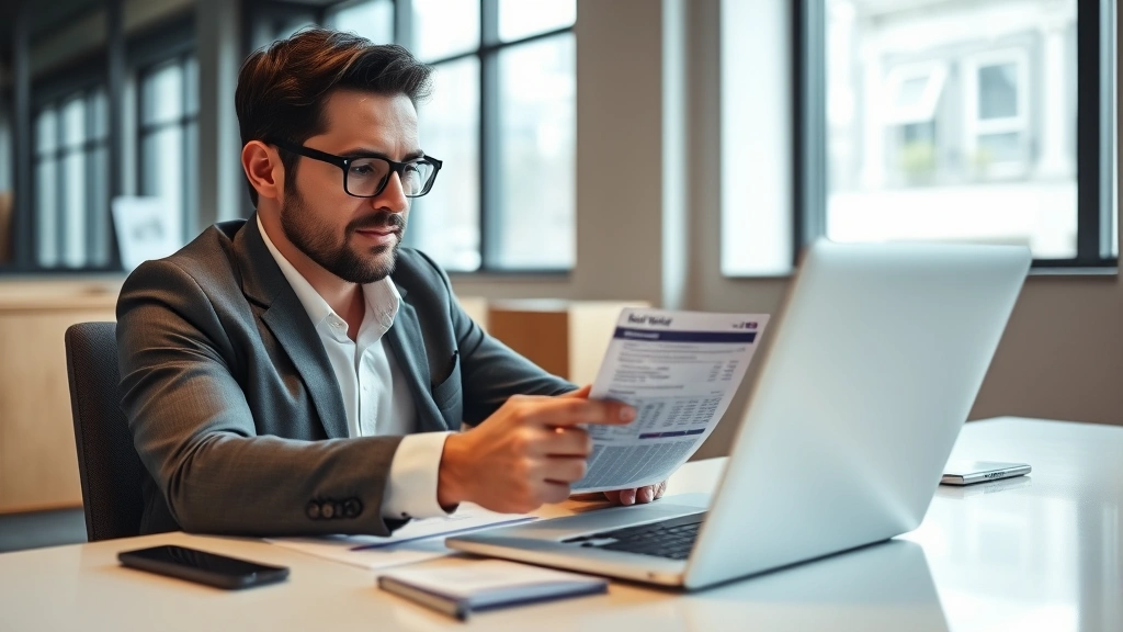 Professional businessman reviewing credit card statements on modern laptop, office desk with financial documents, confident expression analyzing data, corporate environment with window background