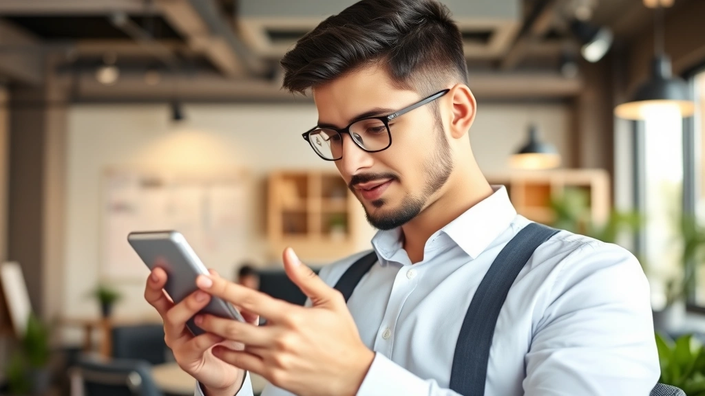 Young entrepreneur managing business expenses through mobile banking app on smartphone, modern startup office setting, focused expression checking transaction details, professional attire