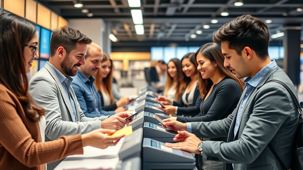 Diverse group of professionals using contactless payment with credit cards at retail checkout counter, modern store environment, satisfied customers completing transactions, bright lighting