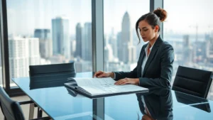 Professional female executive in modern corporate office, reviewing strategic documents at glass conference table with city skyline visible through floor-to-ceiling windows, wearing business attire, confident leadership presence
