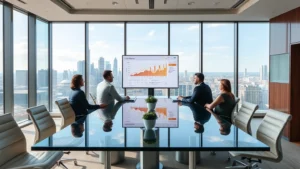 Executive conference room with modern glass table, multiple business professionals reviewing media analytics dashboards on large screens, Atlanta skyline visible through floor-to-ceiling windows, professional corporate atmosphere