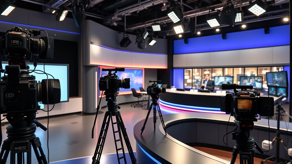 State-of-the-art television broadcast studio with multiple camera rigs, professional lighting equipment, news desk setup, control room visible in background with technicians monitoring systems, modern broadcasting facility