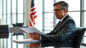 Professional corporate executive in tailored suit sitting at modern glass conference table, reviewing government relations documents and federal policy briefings, sophisticated office environment with American flag, natural window lighting, serious focused expression