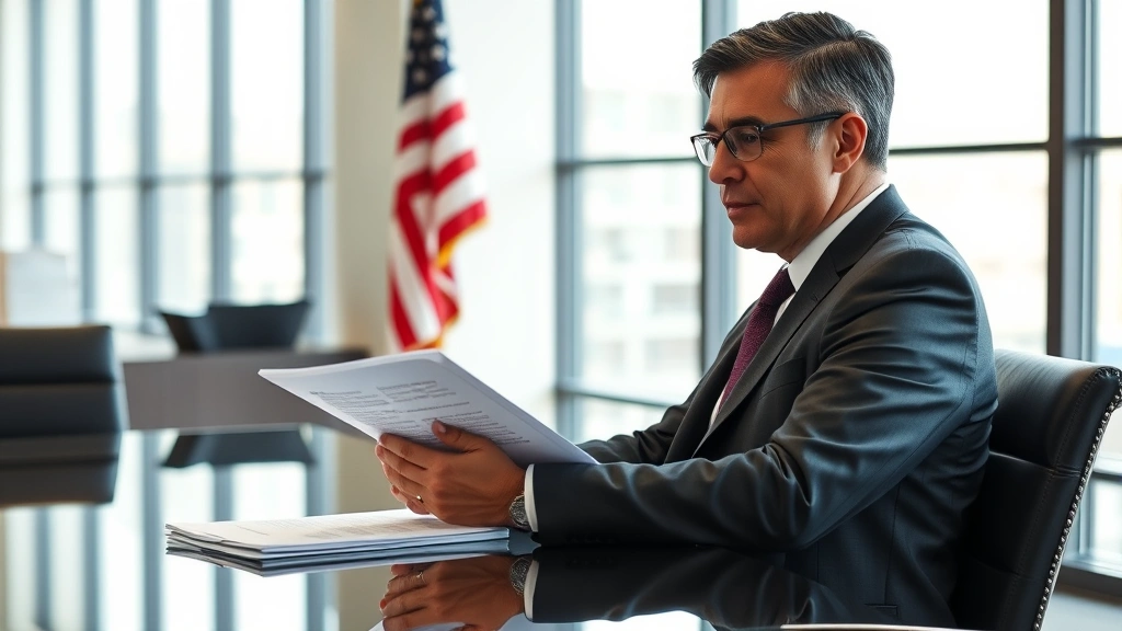 Professional corporate executive in tailored suit sitting at modern glass conference table, reviewing government relations documents and federal policy briefings, sophisticated office environment with American flag, natural window lighting, serious focused expression