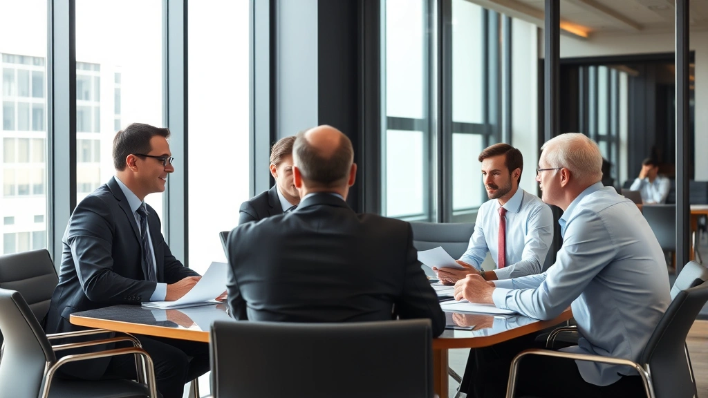Executive team in modern corporate boardroom conducting strategic government relations meeting, professional attire, discussing federal compliance and policy alignment documents, natural lighting from floor-to-ceiling windows