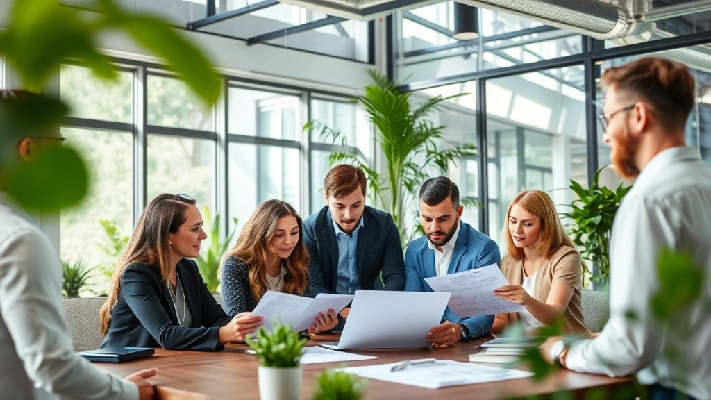 Diverse corporate team collaborating in sustainable office environment, reviewing renewable energy and environmental compliance documentation, modern workspace with green building features, collaborative atmosphere