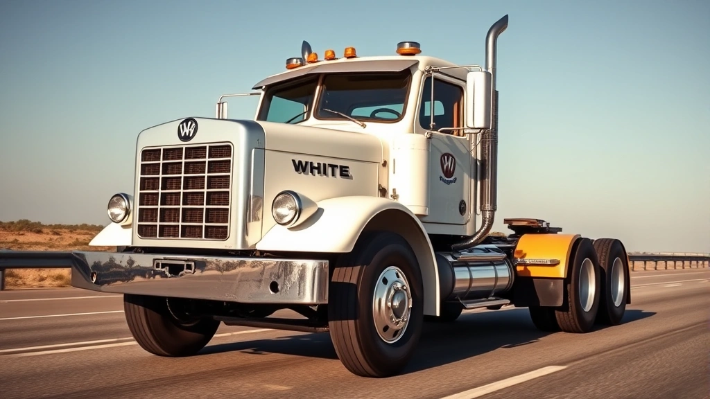 Professional photograph of a vintage White Motor heavy-duty truck from the 1950s-1960s era, shown from a three-quarter front angle on an open highway, featuring the iconic grille and robust chassis design, clear daylight conditions, sharp focus on vehicle details, realistic industrial transportation context