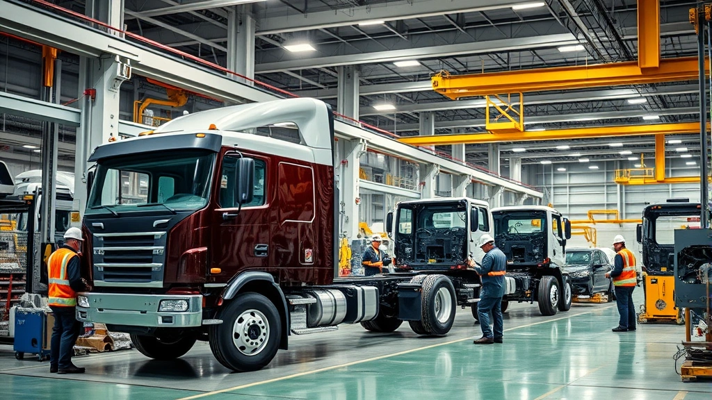 Modern manufacturing facility interior showing heavy-duty truck assembly line with workers in safety gear, precision machinery, welding operations, and partially assembled truck frames, professional industrial photography, proper lighting highlighting manufacturing excellence and scale of operations