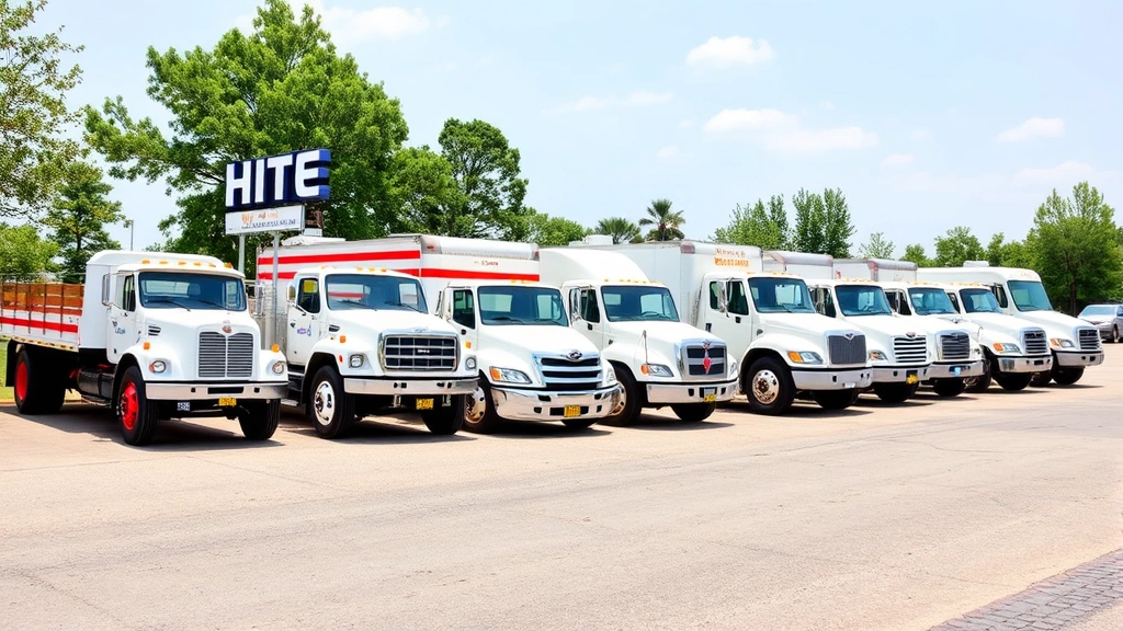 Lineup of multiple classic White Motor trucks from different eras displayed in a row, showcasing evolution of design from 1950s through 1980s models, outdoor setting with professional photography, demonstrating product range and design progression, clear visibility of each vehicle's distinctive characteristics