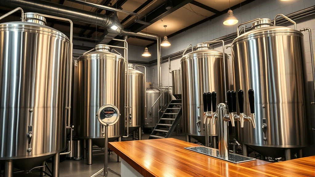 Modern craft brewery interior with stainless steel fermentation tanks, warm industrial lighting, wooden bar counter with beer taps, professional brewing equipment visible, no people, clean production environment