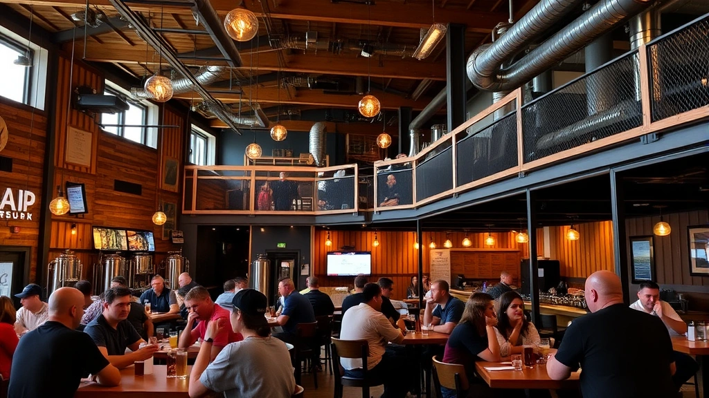 Upscale brewery taproom with wood and metal design elements, customers enjoying drinks at tables, atmospheric evening lighting, casual relaxed atmosphere, no signage or text visible, contemporary interior design