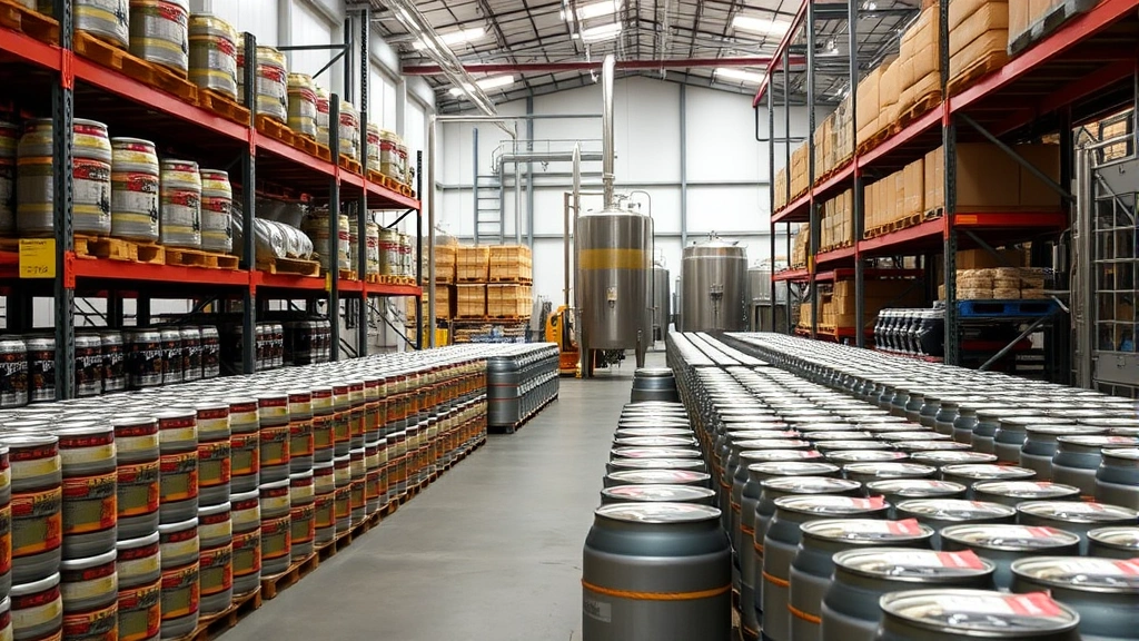 Brewery warehouse production facility with organized rows of kegs and canned products, industrial shelving systems, modern equipment, natural daylight through windows, operational efficiency visible, no people or text