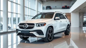 Professional photograph of modern Mercedes-Benz luxury vehicle in sleek showroom with contemporary architecture, natural lighting, and polished surfaces emphasizing engineering excellence and premium positioning