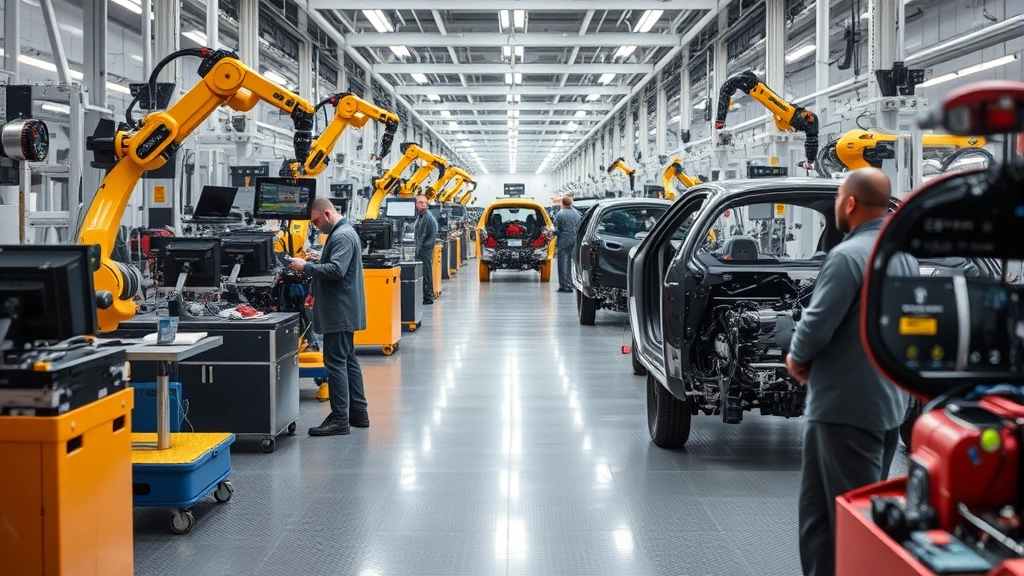 Manufacturing facility interior showing skilled technicians assembling electric vehicle components, robotic precision equipment, quality control processes, and high-tech automotive production environment