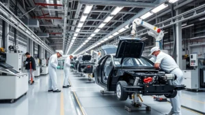 Modern luxury automotive manufacturing facility with precision assembly line, technicians in white uniforms working on high-end vehicle chassis, advanced robotic welding equipment, overhead lighting illuminating premium production environment, Japanese manufacturing excellence theme